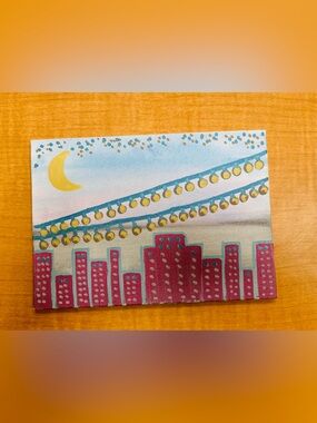 Hand-Painted Cityscape Canvas with String Lights - Pink & Yellow 5x7